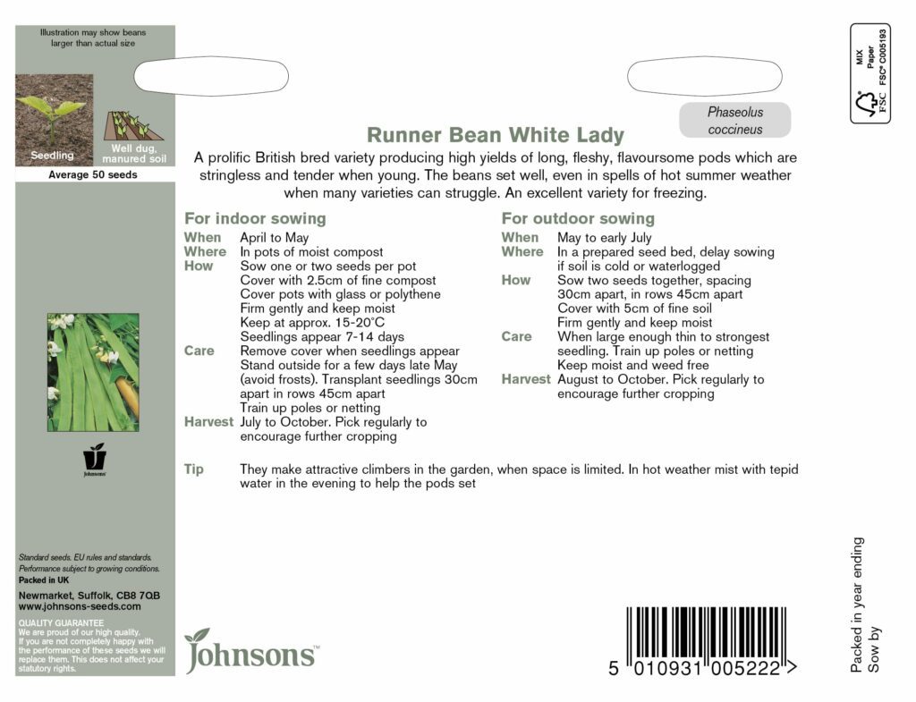 Johnsons Runner Bean White Lady Seeds 5010931005222