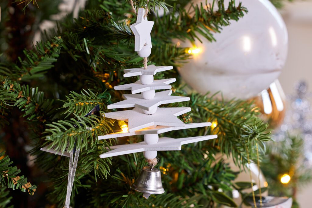 White wooden Christmas tree hanging decoration