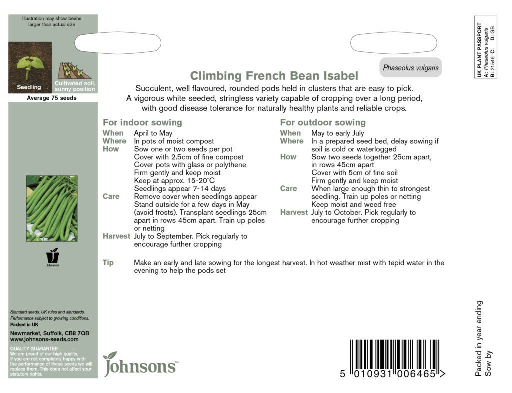 Johnsons Climbing French Bean Isabel Seeds 5010931006465