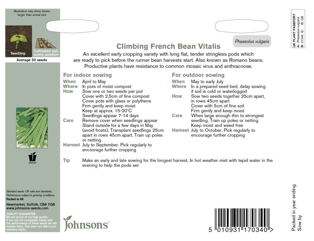 Johnsons Climbing French Bean Vitalis Seeds 5010931170340