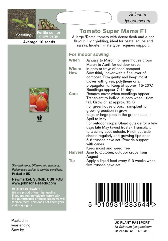 Johnsons Tomato Super Mama F1 Seeds 5010931283644
