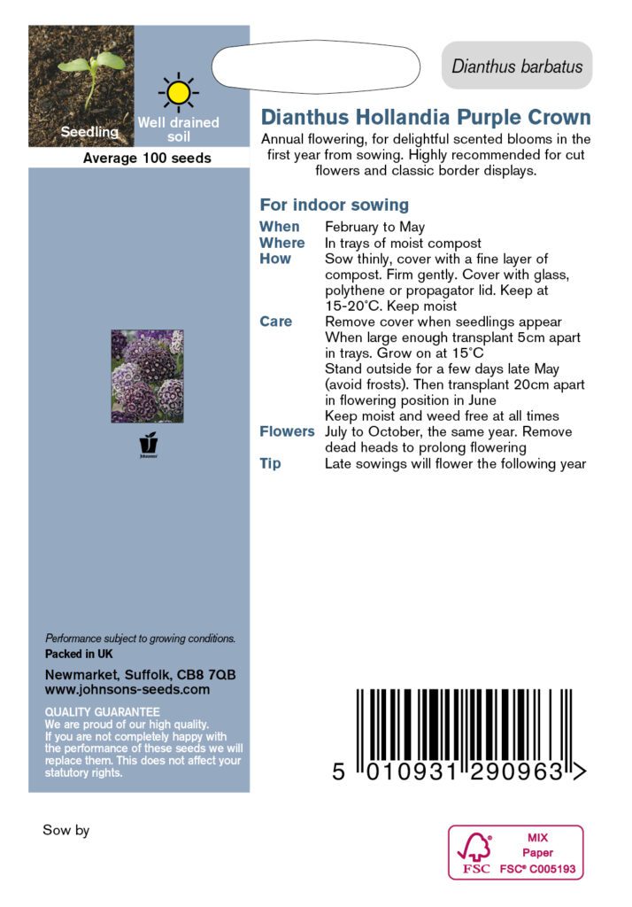Johnsons Dianthus Hollandia Purple Crown Seeds 5010931290963