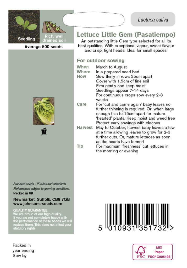Johnsons Lettuce Little Gem (Pasatiempo) Seeds 5010931351732