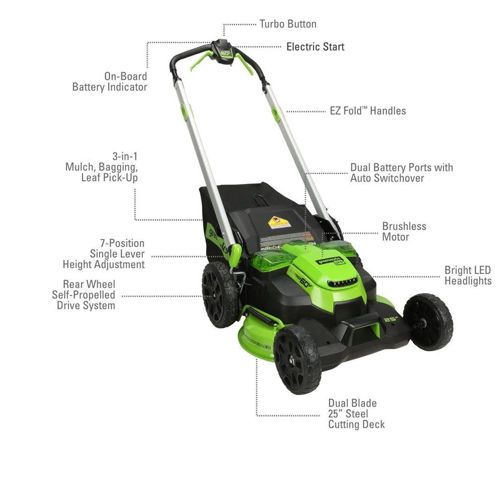 Greenworks 60V 61cm Dual Deck Cordless Brushless Self Propelled Lawnmower (2 x 4Ah Battery & 2A Charger) 00479899442